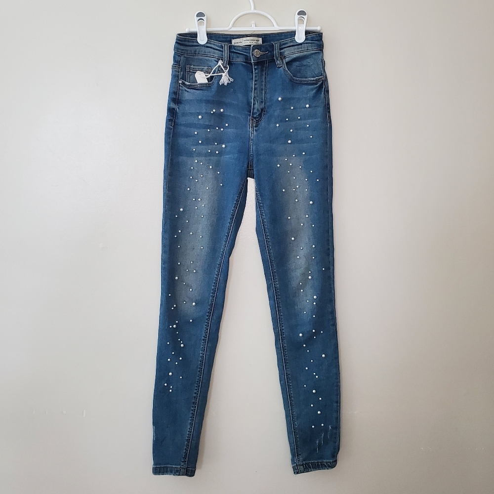 ASOS Stradivarius Super High Waist Pearl Skinny Jeans